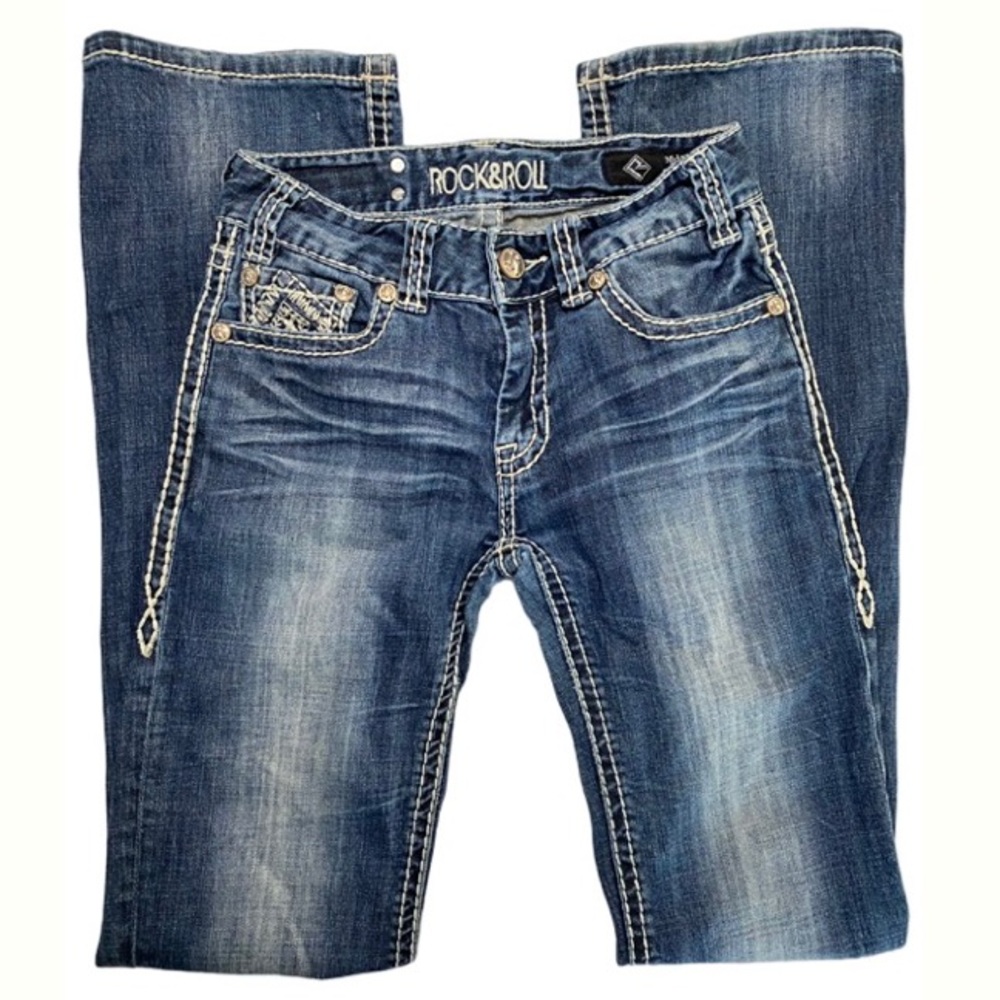 Rock & Roll Women’s Cowgirl Mid-Rise Bling Embroidered Jeans Size 25”X34”